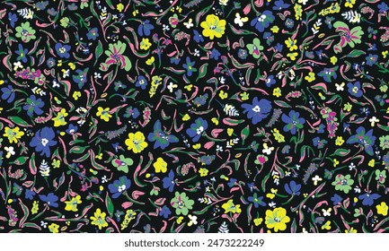 Various flowers with leaves seamless repeat pattern. Random placed, vector botany drawing aop, all over surface print on black background.
