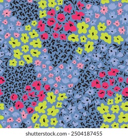 Various flowers and leaves seamless repeat pattern. Random placed, different botanical elements aop, all over surface print on blue background.