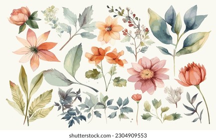 Various flowers leaves watercolor painting Abstract background.