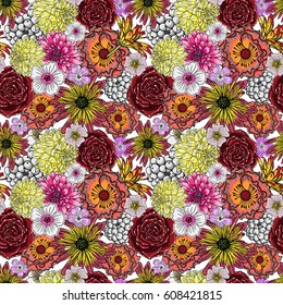 Various flowers : Roses, dahlia, hibiscus with leaves and sunflowers stylized seamless pattern background. Hand drawn vector.