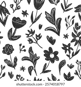 Various flowers seamless pattern. Black and white floral stencil allover background. Poppy, peony, cosmos chalk drawn repeat cover. Surface pattern spring motif. Vector monochrome illustration.