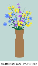 Various flowers in a vase. Cornflowers, mimosa, lavender. Home interior. Home decorations. Vector. Spring and summer time. Blooming flowers.