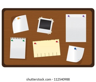 Various flyers hanging on the wooden bulletin board