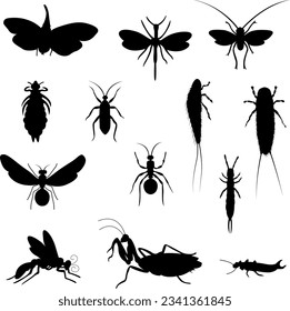 Various Flying insects silhouette. set of different fly, insects, ant, mosquito, cockroach. vector illustration.