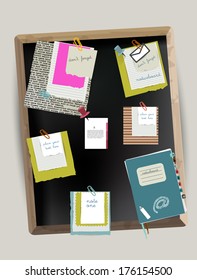 Various folders, stickers, data and bubbles set on black board. Vector background. Work office web layout. Colorful graphic templates. 