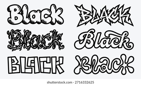 various font styles of the word Black typography design elements