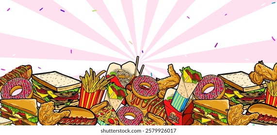 Various food background vector. Hand drawn fast food drawing illustration
