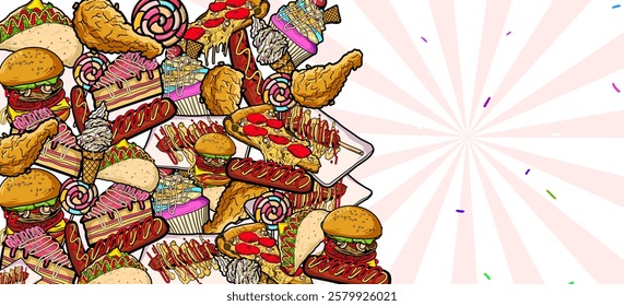 Various food background vector. Hand drawn fast food drawing illustration