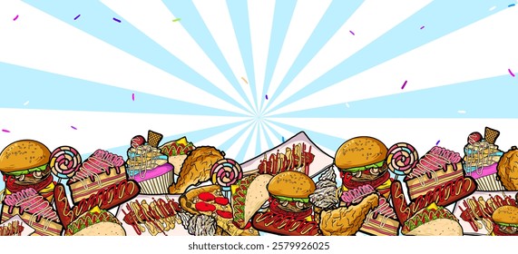 Various food background vector. Hand drawn fast food drawing illustration