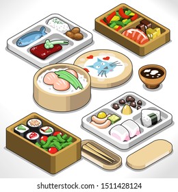 Various Food In Bento Boxes Including Fish, Rice, Vegetables, Prawn, Fish; With Chopsticks In Case And Soy Sauce (isometric Illustration)