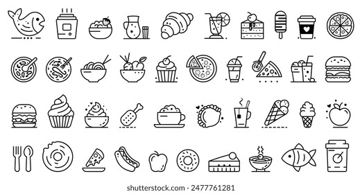 Varios iconos de alimentos y bebidas sobre un fondo blanco. Ilustración vectorial