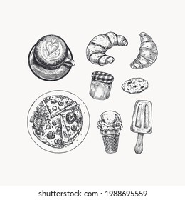 Various food collection. Croissant, cookie, coffee, jam, crepes, ice cream. Vector illustration