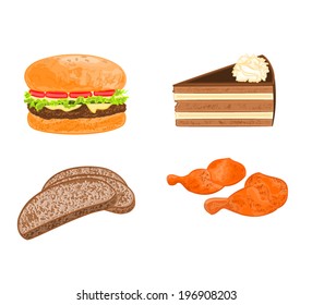 Various food dishes (hamburger,cake, bread, chicken meat)  vector illustration