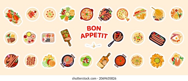 Various food dishes stickers set. Cute sticky labels decorated with Top view for cuisine of different countries. Flat Art Vector Illustration