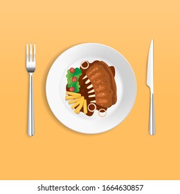 Various food dishes. Dishes vector illustration. Prime rib steak with sauce and french fries. This dish looks very delicious.Still, it must be controlled, since taking too much of it's bad for health.