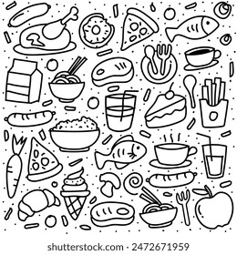 Various food doodle background on white background