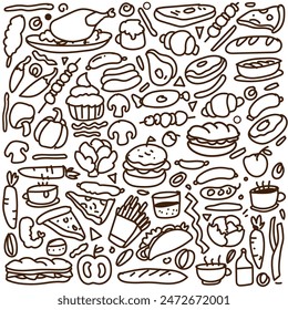 Fondo de doodle de comida diversa sobre fondo blanco