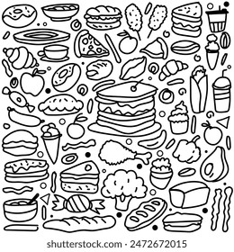 Various food doodle background on white background