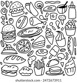 Various food doodle Seamless background Vector fast food pattern.