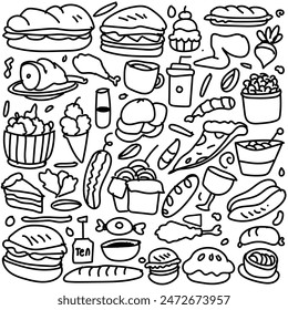 Various food doodle Seamless background Vector fast food pattern.