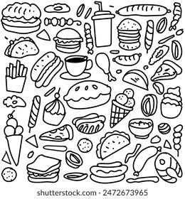 Various food doodle Seamless background Vector fast food pattern.