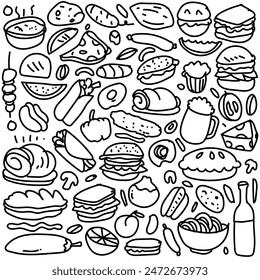 Various food doodle Seamless background Vector fast food pattern.