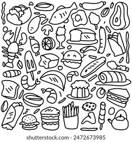 Various food doodle, Seamless background, Vector fast food pattern.