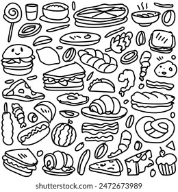 Various food doodle Seamless background Vector fast food pattern.