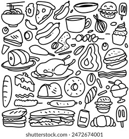 Diversos doodle de comida Patrón de comida rápida de Vector de fondo sin fisuras.