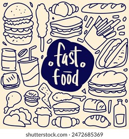 Various food doodle, Seamless background, Vector fast food pattern