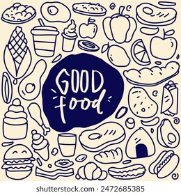 Various food doodle, Seamless background, Vector fast food pattern