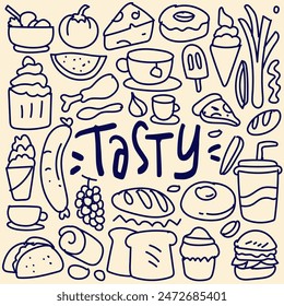 Various food doodle, Seamless background, Vector fast food pattern