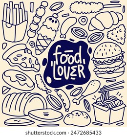 Various food doodle, Seamless background, Vector fast food pattern