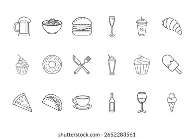 Various food drink icons including pizza burger coffee ice cream beverage