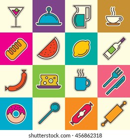 Various food and drink icons. Vector illustration.