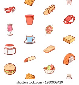 Various food and drink images set. Background for printing, design, web. Usable as icons. Seamless. Colored.