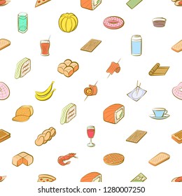 Various food and drink images set. Background for printing, design, web. Usable as icons. Seamless. Colored.