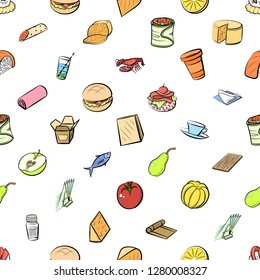 Various food and drink images set. Background for printing, design, web. Usable as icons. Seamless. Colored.