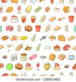 Various food and drink images set. Background for printing, design, web. Usable as icons. Seamless. Colored.