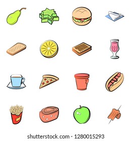 Various food and drink images set. Background for printing, design, web. Usable as icons. Seamless. Colored.