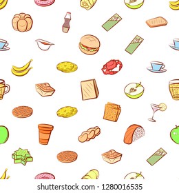 Various food and drink images set. Background for printing, design, web. Usable as icons. Seamless. Colored.