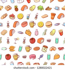 Various food and drink images set. Background for printing, design, web. Usable as icons. Seamless. Colored.