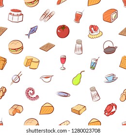 Various food and drink images set. Background for printing, design, web. Usable as icons. Seamless. Colored.