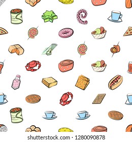 Various food and drink images set. Background for printing, design, web. Usable as icons. Seamless. Colored.