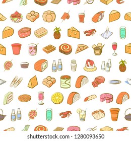 Various food and drink images set. Background for printing, design, web. Usable as icons. Seamless. Colored.