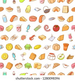 Various food and drink images set. Background for printing, design, web. Usable as icons. Seamless. Colored.