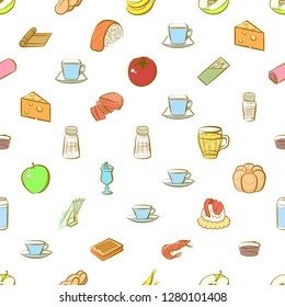 Various food and drink images set. Background for printing, design, web. Usable as icons. Seamless. Colored.