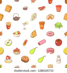 Various food and drink images set. Background for printing, design, web. Usable as icons. Seamless. Colored.