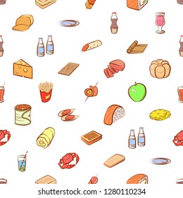 Various food and drink images set. Background for printing, design, web. Usable as icons. Seamless. Colored.