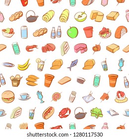 Various food and drink images set. Background for printing, design, web. Usable as icons. Seamless. Colored.